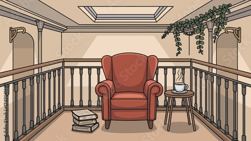 A cozy reading nook with a red armchair books and a cup of coffee on a small table near a railing