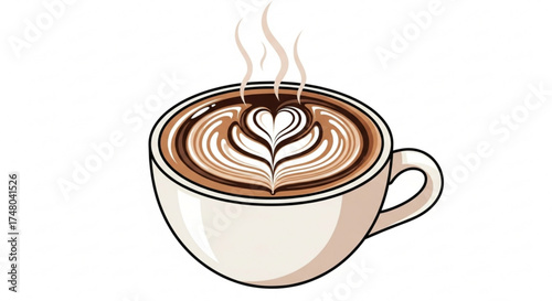 Illustration of a cup of coffee with latte art, , showcasing a beautiful heart shape in the foam, perfect for coffee lovers and cafe designs