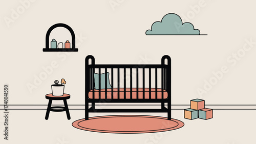 A nursery scene featuring a black crib with a pillow, blocks and a cloud on a beige background