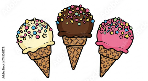Three ice cream cones with different flavors and toppings, perfect for a sweet treat or a fun summer design project