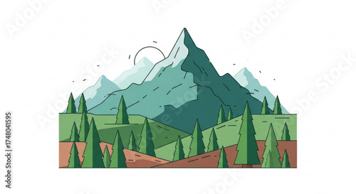 A scenic mountain landscape with trees and a rising sun, perfect for naturethemed designs and outdoor adventures