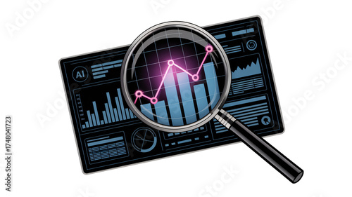 AI-powered data analysis revealing market trends and business growth, visualized with magnifying glass on digital interface.