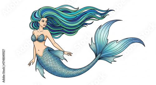Beautiful mermaid with blue hair and tail enchanting mythical creature with long flowing locks, shimmering scales, and graceful pose