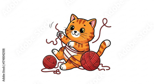 A playful cartoon cat entangled in yarn, , showcasing a cute and mischievous feline having fun with a ball of string