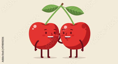 Two adorable red cherry characters are intimately huddled together, one whispering a secret to the other, depicted with playful expressions in a charming flat design style. 