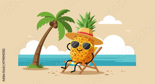 A cool pineapple character, sporting sunglasses and a straw hat, is depicted lounging blissfully on a beach chair, embodying relaxation in a sunny flat design style. 