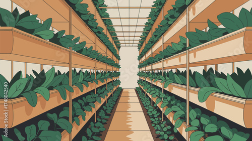 A cartoon illustration of a vertical farm with rows of plants in a light and airy indoor setting