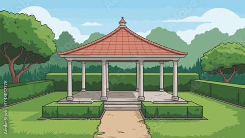 A cartoon illustration of a gazebo in a garden with trees and a hedge on a sunny day outside