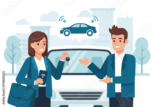 Car sharing concept with two individuals exchanging keys in front of a vehicle, showcasing modern transportation solutions and innovative mobility services in an urban environment