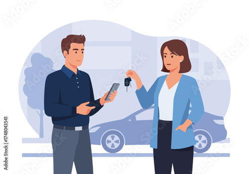 Young couple engaging in car sharing, with smartphone and car keys exchanged, showcasing modern transportation solutions and convenience in urban lifestyle