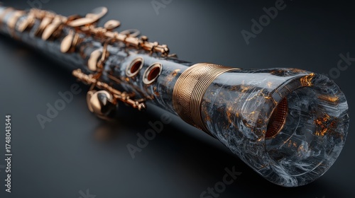 A highly detailed, close up view of a crystal clarinet featuring intricate gold accents. The instrument emanates a warm orange glow from within, set against a dark, reflective background.