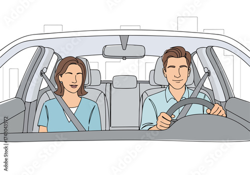 Two diverse individuals, a man and a woman, are enjoying a car ride together in a modern vehicle, showcasing the concept of car sharing and sustainable transportation solutions