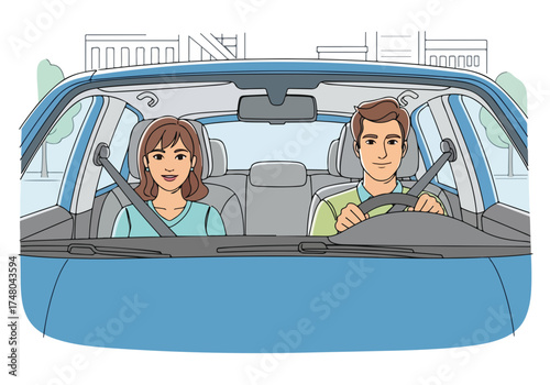 Two diverse individuals, a woman and a man, are enjoying a car ride together, showcasing the concept of car sharing and collaboration in urban mobility