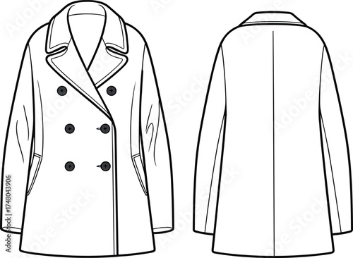 Double-breasted coat front and back flat sketch with welt pockets, wide lapel and detailed seams — cad drawing flat vector illustration