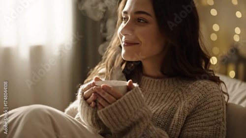 Serene woman in cozy sweater enjoying hot drink indoors with bokeh lights
