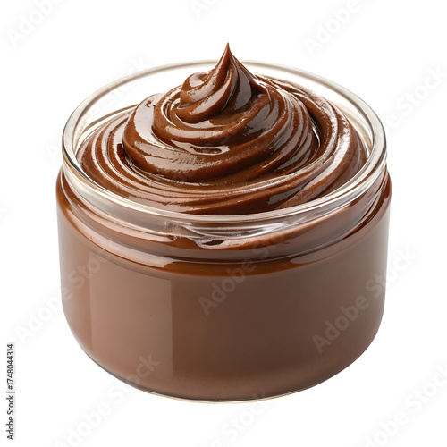 Delicious creamy chocolate hazelnut spread in a glass jar with swirls on top isolated on transparent background
