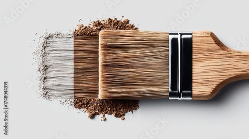 A close up shot of a wooden paintbrush with a metal ferrule applying gold paint. The paint is applied in a textured stroke, creating a speckled effect on a clean white background.