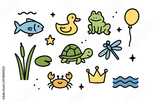River Doodle Icon Set. River doodle icon set: hand drawn icons of fish, duck, frog, turtle, crab, dragonfly, crown, star, balloon,