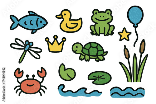 River Doodle Icon Set. River doodle icon set: hand drawn icons of fish, duck, frog, turtle, crab, dragonfly, crown, star, balloon,