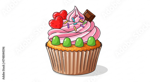 A delightful cupcake, adorned with pink frosting, sprinkles, hearts, and chocolate, a sweet treat that evokes joy and indulgence