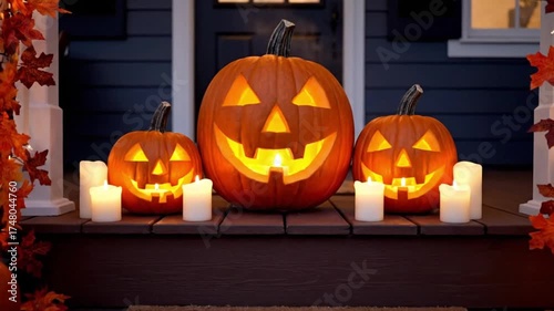 Spooky Halloween pumpkins glowing on porch steps create a festive autumn atmosphere