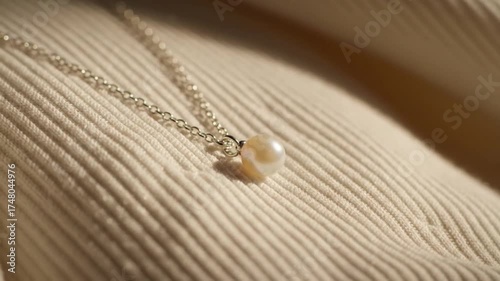 Elegant pearl pendant necklace on a delicate silver chain resting on soft fabric