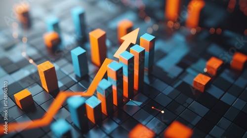 Growing business growth and financial success with 3D cube bar chart and upward arrow on grey background. Conceptual illustration of performance increase, profit, and economic development.