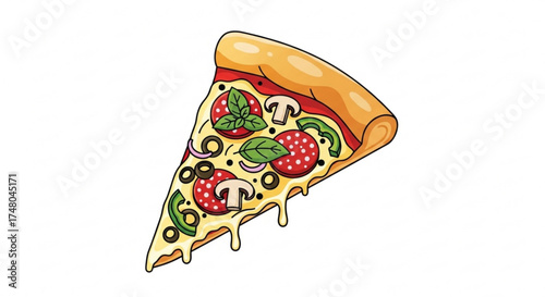 Illustration of a delicious pizza slice with pepperoni, mushrooms, olives, basil, and melted cheese, perfect for menu or recipe