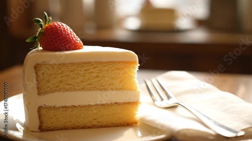 Delicious slice of vanilla cake with fresh strawberry and creamy frosting on a plate