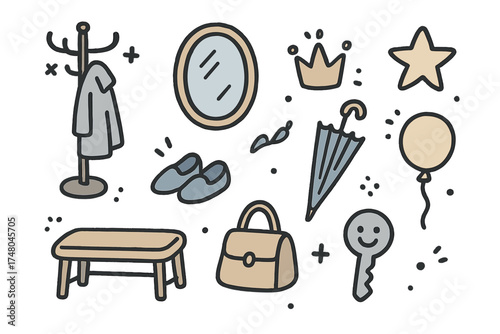 Hallway Doodle Icons. Hallway doodle icon set: hand drawn icons of coat rack, mirror, shoes, umbrella, crown, star, balloon, bench