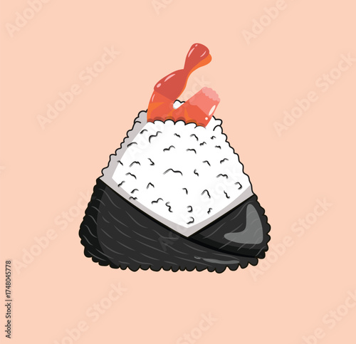 Cute and minimalistic vector illustration of a Japanese onigiri rice ball topped with shrimp and wrapped in seaweed. perfect for use in food packaging, menu designs, Asian cuisine branding, and more.