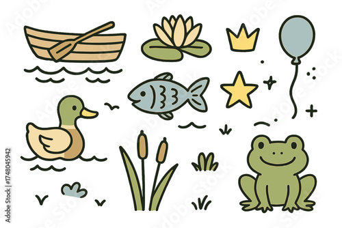 Lake Doodle Icons. Lake doodle icon set: hand drawn icons of boat, fish, water lily, crown, star, balloon, duck, reeds, and