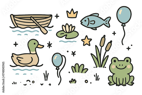 Lake Doodle Icons. Lake doodle icon set: hand drawn icons of boat, fish, water lily, crown, star, balloon, duck, reeds, and