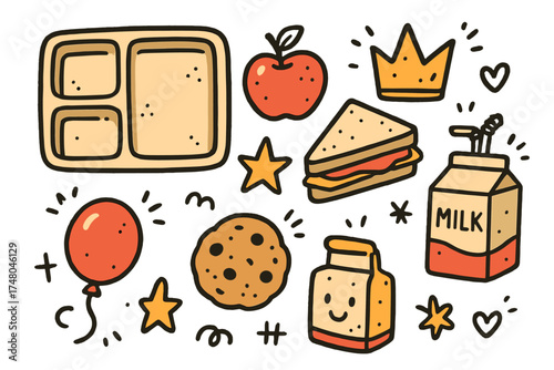 Cute Lunch Doodles. School lunch doodle icon set: hand drawn icons of tray, apple, sandwich, milk, crown, star, balloon, cookie,
