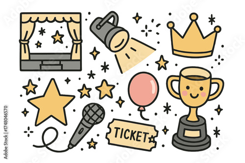 Talent Show Icons. Talent show doodle icon set: hand drawn icons of stage, spotlight, crown, star, balloon, microphone, ticket,