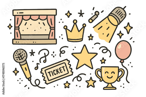 Talent Show Icons. Talent show doodle icon set: hand drawn icons of stage, spotlight, crown, star, balloon, microphone, ticket,