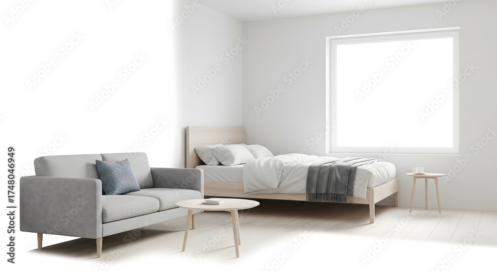 Fototapeta premium Minimalist bedroom with a cozy sofa and bed, bright natural light streaming through a large window, and simple wooden furniture, creating a serene and uncluttered living space