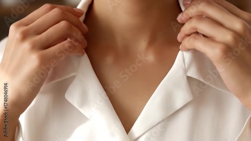 Woman's neck and shoulders are visible as she adjusts her white shirt collar