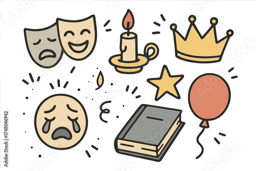 Drama Doodle Icons. Drama movie doodle icon set: hand drawn icons of theater mask, candle, crown, star, balloon, book, and crying