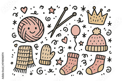 Cute Knitting Doodle Icons. Knitting doodle icon set: hand drawn icons of yarn ball with smile, needles, crown, star, balloon,