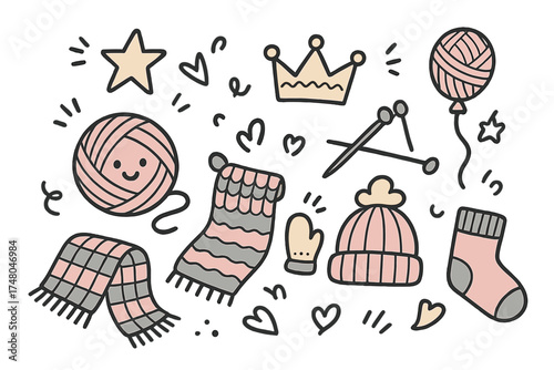 Cute Knitting Doodle Icons. Knitting doodle icon set: hand drawn icons of yarn ball with smile, needles, crown, star, balloon,