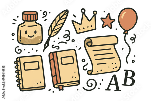 Charming Calligraphy Icons. Calligraphy doodle icon set: hand drawn icons of ink bottle with smile, pen, crown, star, balloon,