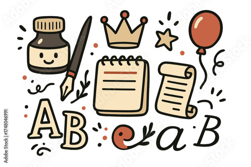 Charming Calligraphy Icons. Calligraphy doodle icon set: hand drawn icons of ink bottle with smile, pen, crown, star, balloon,