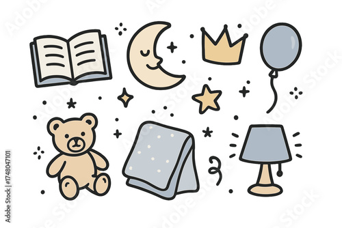 Storytime Doodle Icons. Storytime doodle icon set: hand drawn icons of book, moon with smile, crown, star, balloon, teddy bear,