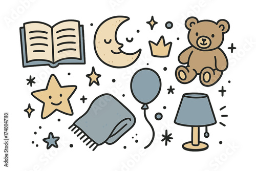 Storytime Doodle Icons. Storytime doodle icon set: hand drawn icons of book, moon with smile, crown, star, balloon, teddy bear,