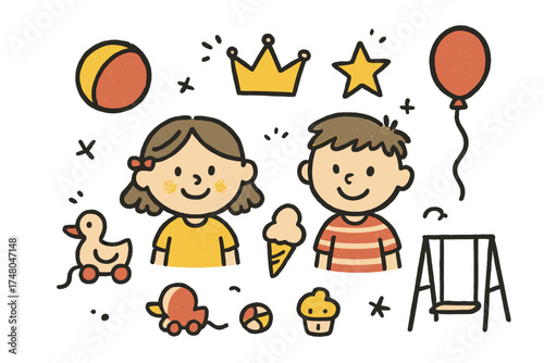 Playdate Doodle Icons. Playdate doodle icon set: hand drawn icons of two kids with smile, ball, crown, star, balloon, toy, ice