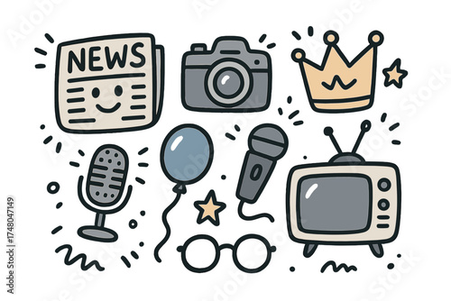 News Doodle Icons. News doodle icon set: hand drawn icons of newspaper with smile, camera, crown, star, balloon, mic, TV, and