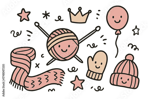 Knitting Doodle Icons. Knitting workshop doodle icon set: hand drawn icons of yarn ball with smile, needles, crown, star, balloon,
