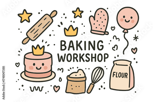 Cute Baking Doodles. Baking workshop doodle icon set: hand drawn icons of cake with smile, rolling pin, crown, star, balloon, oven