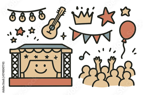 Open-Air Concert Icons. Open-air concert doodle icon set: hand drawn icons of stage with smile, guitar, crown, star, balloon,